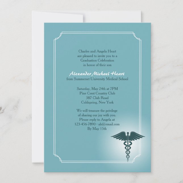 Caduceus Medical Care Teal Graduation Invitation (Front)