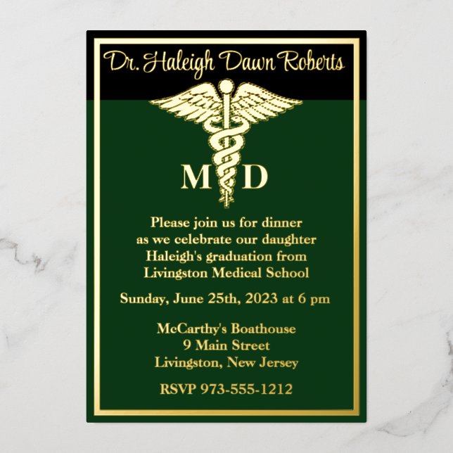 Caduceus Medical School Graduation Green/Black (Front)