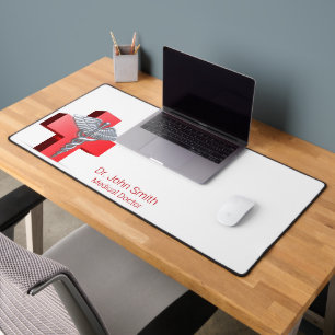 Caduceus Medical Silver 3D Cross Red Desk Mat