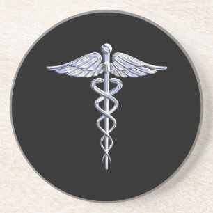 Caduceus Medical Symbol on Black Coaster