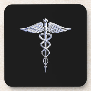 Caduceus Medical Symbol on Black Coaster