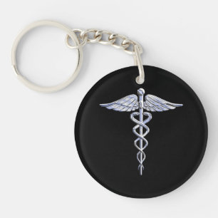 Caduceus Medical Symbol on Black Keychain