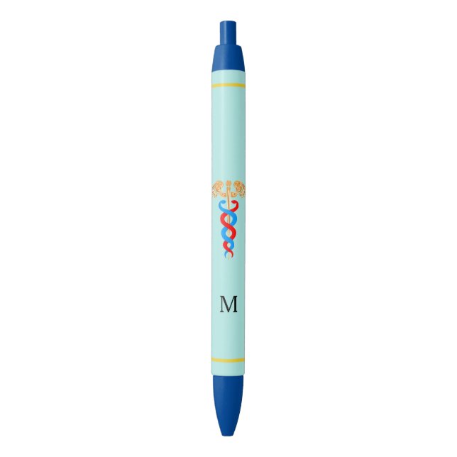 Caduceus & Monogram on Light Blue Background Black Ink Pen (Front Vertical)