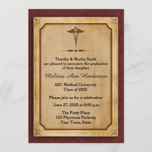 Caduceus, Parchment, Medical Graduate Annoucement Invitation