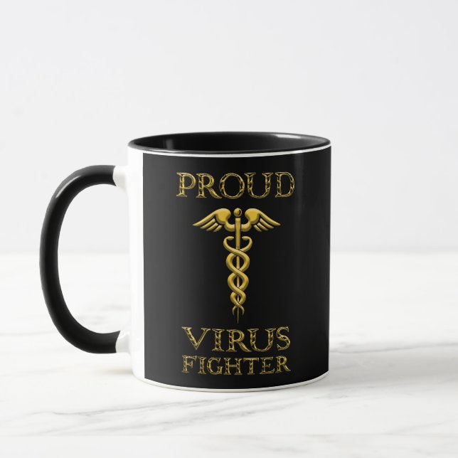 Caduceus Proud Virus Fighter Yellow On Black Mug (Left)