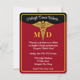 Caduceus Red/Gold/Black Medical School Graduation Invitation