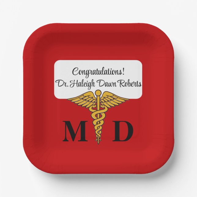 Caduceus Red & Gold Medical School Graduation Paper Plate (Front)