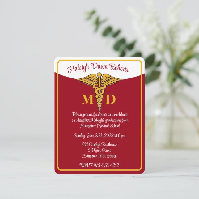 Caduceus Red/Gold/White Medical School Graduation Invitation (Standing Front)