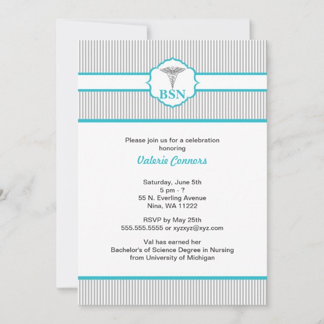 Caduceus RN BSN LPN Graduation Turquoise Blue Invitation (Front)