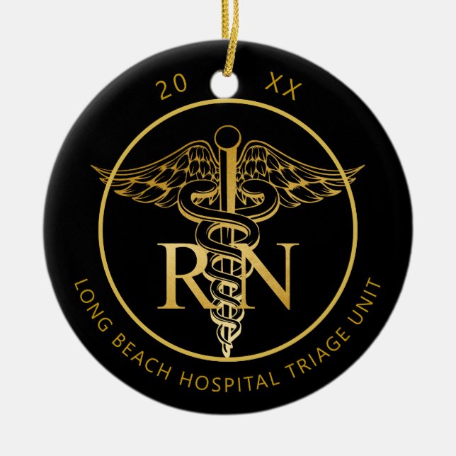 Caduceus RN Medical Unit Black and Gold Photo Ceramic Ornament (Front)