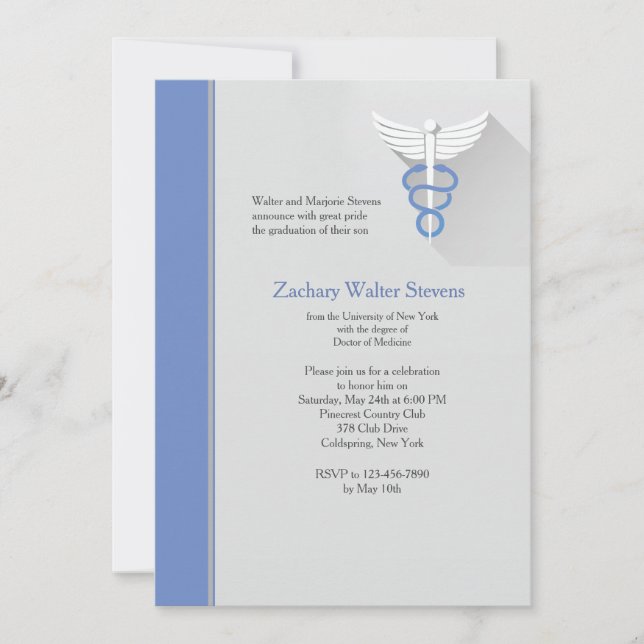 Caduceus Symbol Blue Trim Graduation Invitation (Front)