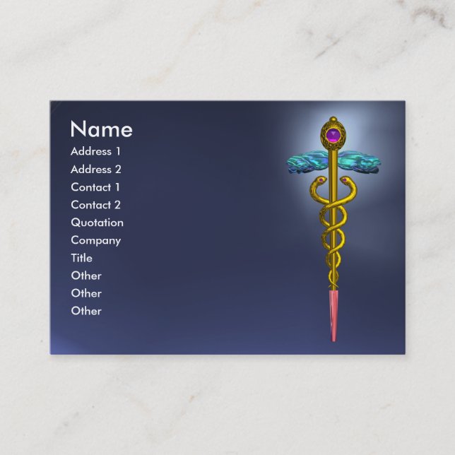 CADUCEUS, TOPAZ BLUE  vibrant gold amethyst Business Card (Front)