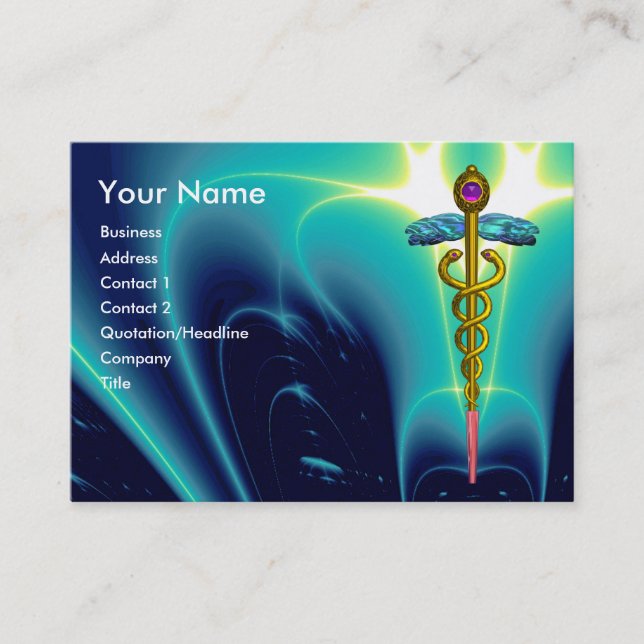 CADUCEUS, vibrant blue turquase gold amethyst Business Card (Front)
