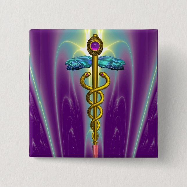 CADUCEUS , vibrant gold amethyst 2 Inch Square Button (Front)