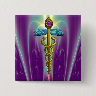 CADUCEUS , vibrant gold amethyst 2 Inch Square Button