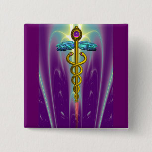CADUCEUS , vibrant gold amethyst 2 Inch Square Button