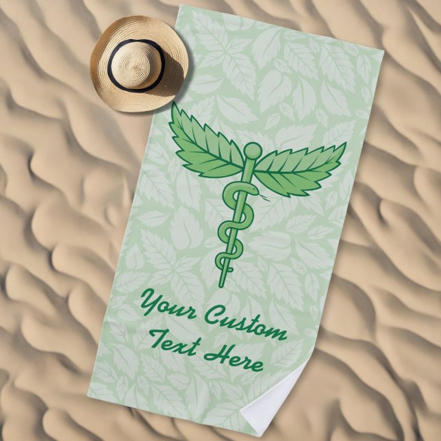 Caduceus with leaves background beach towel (Creator Uploaded)
