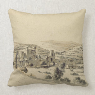 Caerphilly Castle (pen, ink and wash on paper) Throw Pillow