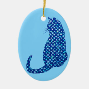Caf in a Pattern of Stars on Deep Blue Ceramic Ornament