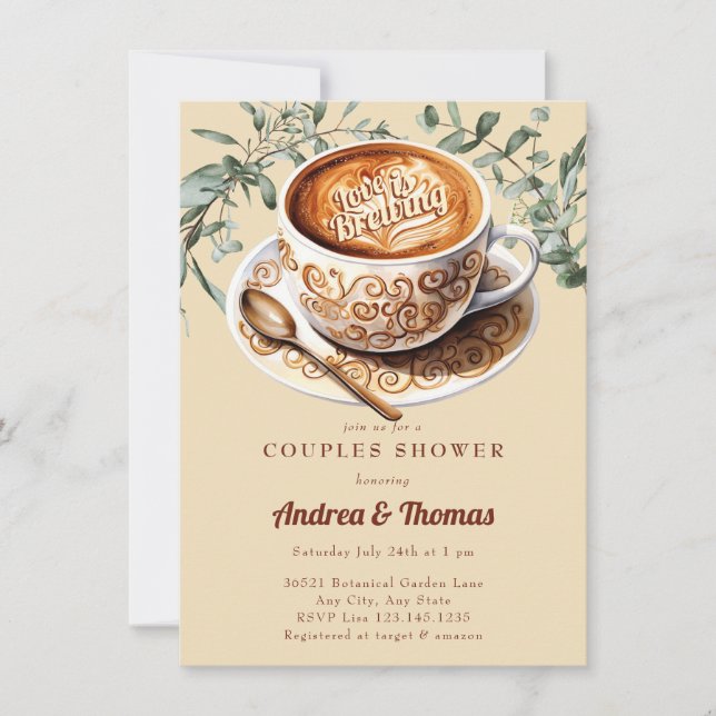 Café aquarelle | Invitation à la douche d'un coupl (Devant)