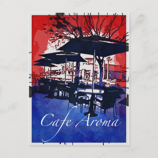 Cafe Aroma Sidewalk Cafe Red Blue Pop Art Design Postcard (Front)