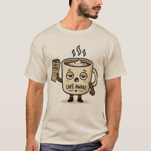 Café Awake Cute Sleepy Coffee Mascot Illustration T-Shirt
