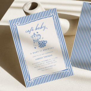Cafe Baby Shower Blue Stripe Baby is Brewing Invitation