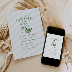 Cafe Baby Shower   Green & Blue Baby is Brewing Invitation