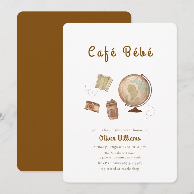 Café Bébé Adventure Globe Coffee Baby shower Invitation (Front/Back)
