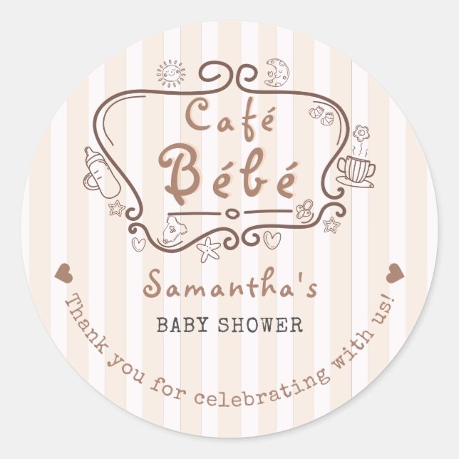Café Bébé French Modern Gender Neutral Baby Shower Classic Round Sticker (Front)
