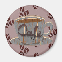 Cafe Coffee Cup and Coffee Beans Magnet