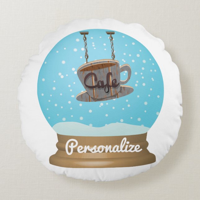 Cafe coffee sign snow globe round pillow (Front)