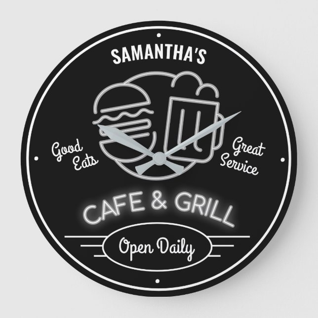 Cafe Grill Fifties Neon Effect Black White Retro Large Clock (Front)