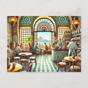 Cafe in Alexandria Egypt Watercolor Painting Postcard