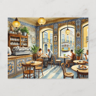 Cafe in Lisbon Yellow Tram Watercolor Postcard