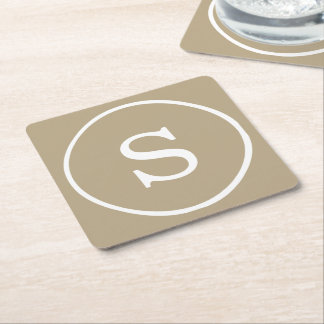 Cafe Latte Solid Colour White Monogram Square Paper Coaster