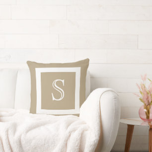 Cafe Latte Solid Colour White Monogram Throw Pillow