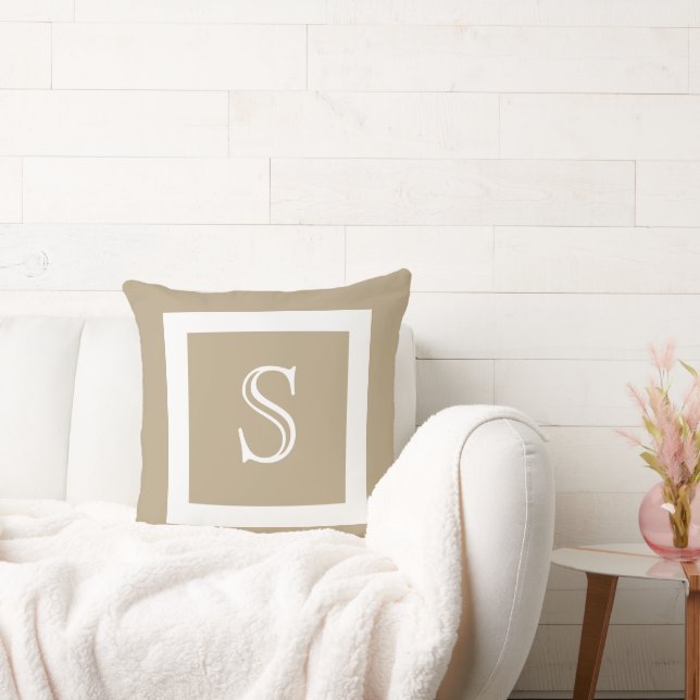 Cafe Latte Solid Colour White Monogram Throw Pillow (Couch)