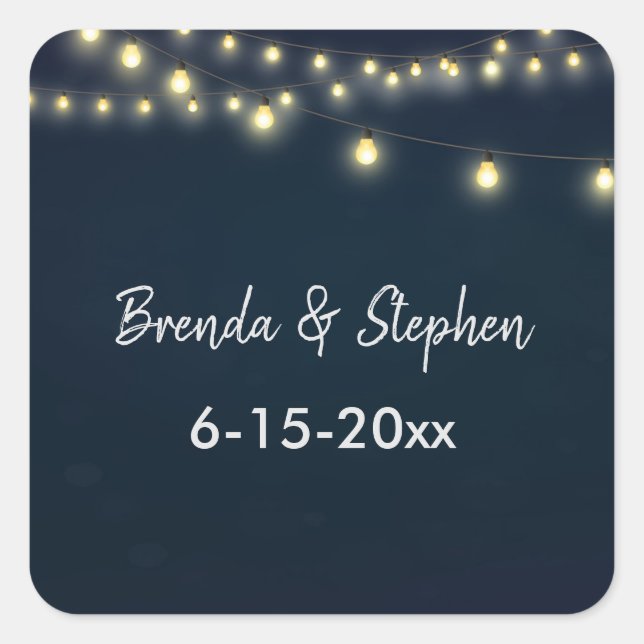 Cafe Lights Bride and Groom with Wedding Date Square Sticker (Front)