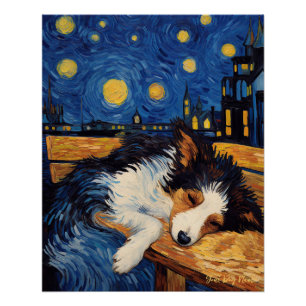 Cafe Terrace at Night - Border Collie Dog 001 - Qi Poster