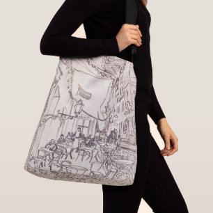Cafe Terrace at Night, Fine Art Sketch, Van Gogh Crossbody Bag