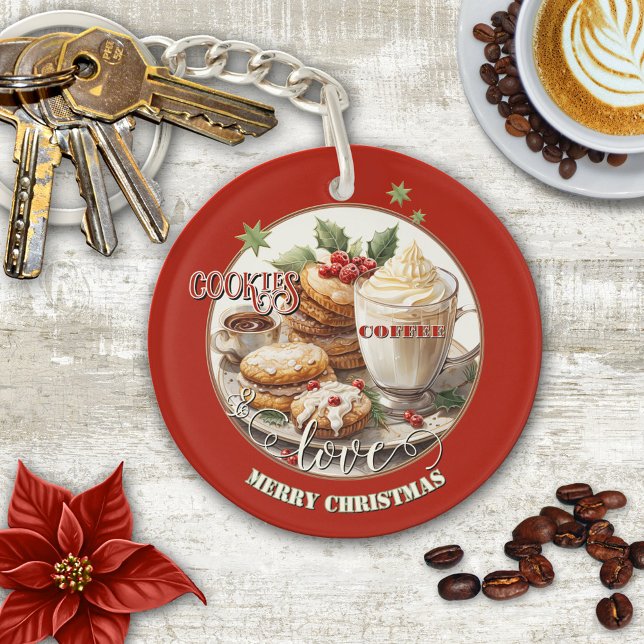 Café vintage Cookies Aimer Noël (Fun watercolor Christmas cookies and coffee with love Merry Christmas keychain)