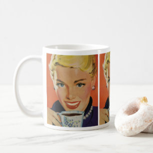 Café Vintage, Femme Heureuse avec Tasse de Café Ré