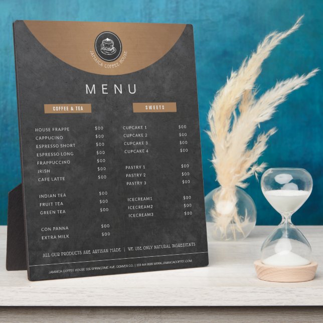Cafeteria logo copper black chalkboard price list plaque (Side)