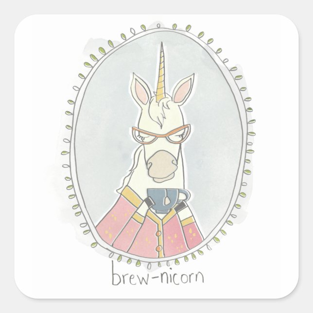 Caffeinated Cutie | Brew Unicorn Square Sticker (Front)