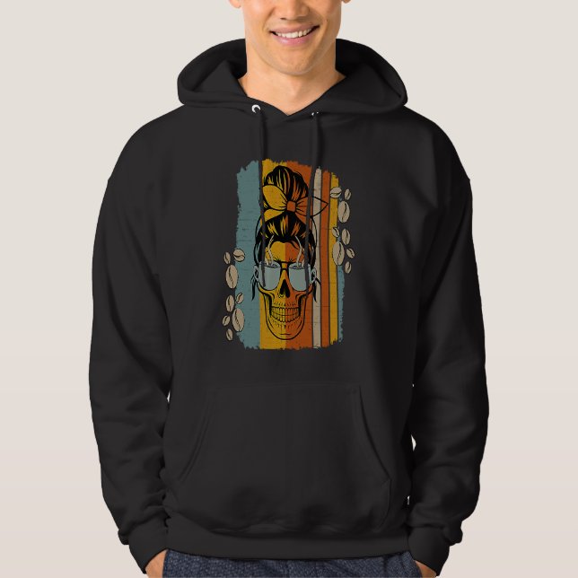 Caffeinated Skeleton Skull Messy Bun Coffee  Mom Hoodie (Front)