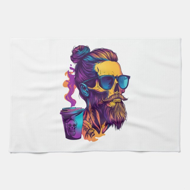 Caffeinated Skull � Funny Barista Skeleton Kitchen Towel (Horizontal)