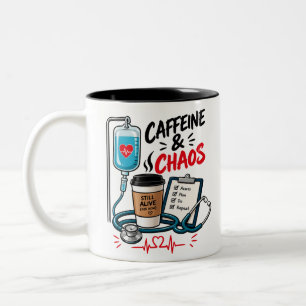 Caffeine and Chaos Funny Nurse Art Two-Tone Coffee Mug
