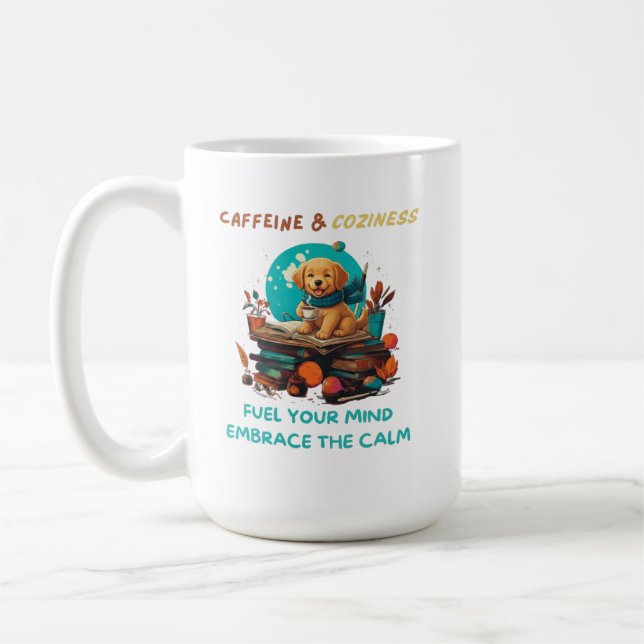 Caffeine & Coziness Golden Retriever Book Coffee Mug (Left)