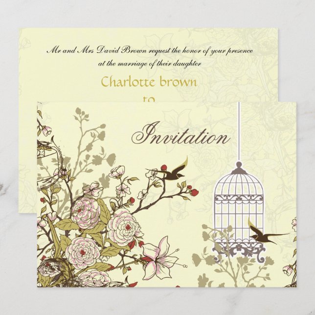 cage d'oiseau jaune fleuri, invitations inséparabl (Devant / Derrière)